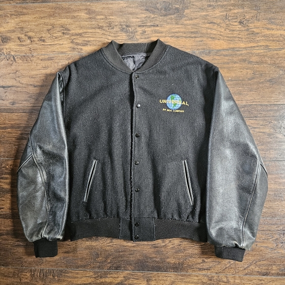 Vintage 90s Universal Studios MCA Company Wool & Leather Varsity Jacket Size L - Picture 1 of 11